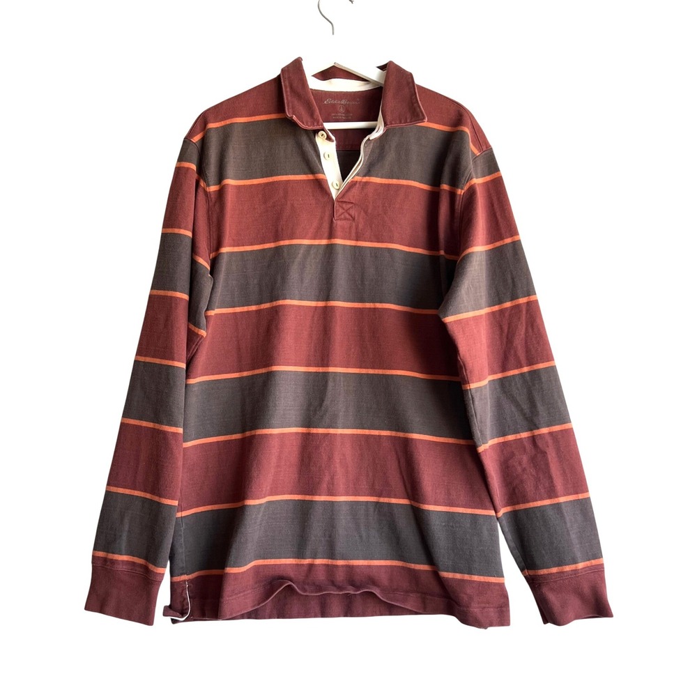 Eddie Bauer Rugby Shirt Long Sleeve Striped Cotton Polo Burgundy Mens Large Tall